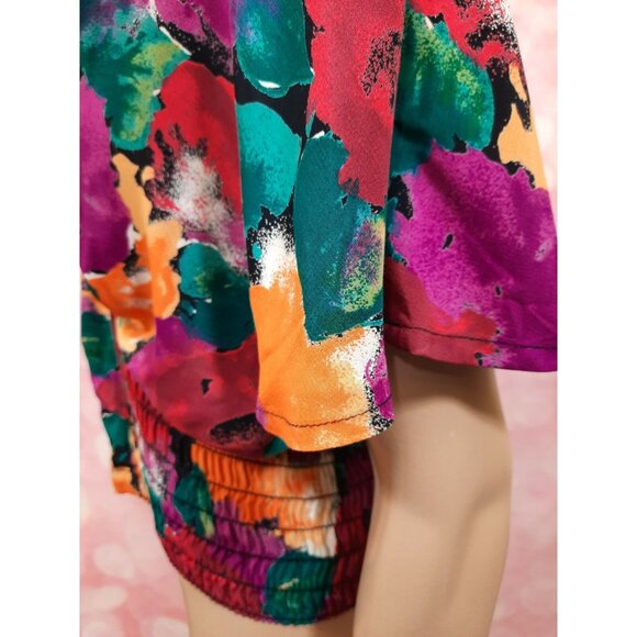 Vintage 80s Carole Little Floral Flutter Sleeve Top Size L Rayon Crepe Faux Wrap - Picture 4 of 11